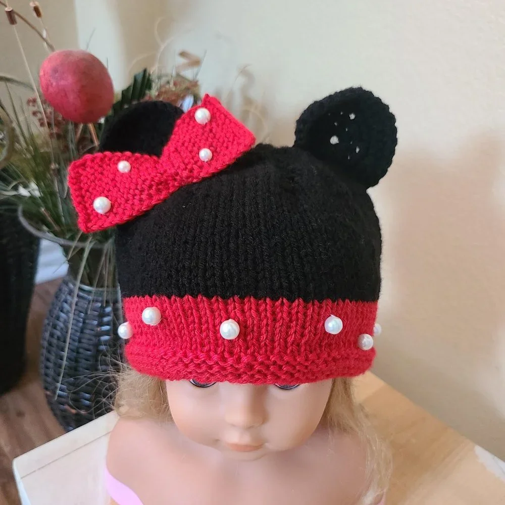 Minnie Mouse inspired Baby Infant Girl Knit Hat Red Black Size 3-6 M Photo Prop
